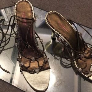 Gold and bronze ankle lace heels with rhinestones